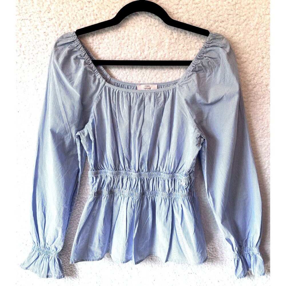 Como Vintage Women's Off Shoulder Long Sleeve Blouse‎ Size XS Blue White Striped